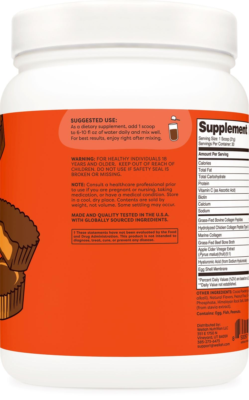 Wellah The Afterglow Multi Collagen Protein + Beauty (Peanut Butter Chocolate Flavored) Powder 22.4 oz