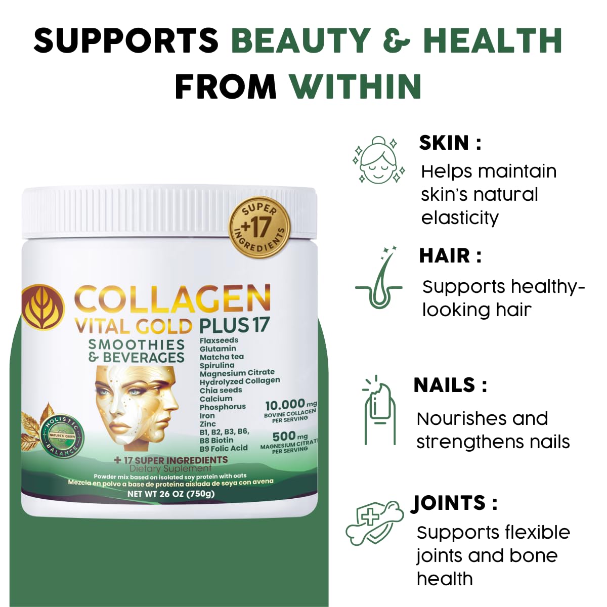 Gold Vital Life Collagen Peptides Powder - Hydrolyzed Collagen with +17 Super Ingredients, Mint & Lemon Flavor, 26 Servings