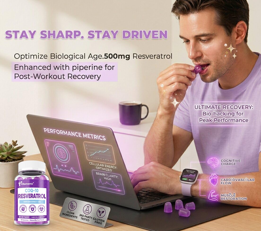 ELLAMENTZ 7-in-1 Trans-Resveratrol Gummies 500mg Complex with CoQ10, DHA, Vitamin C, E & Grape Seed - 120 Count