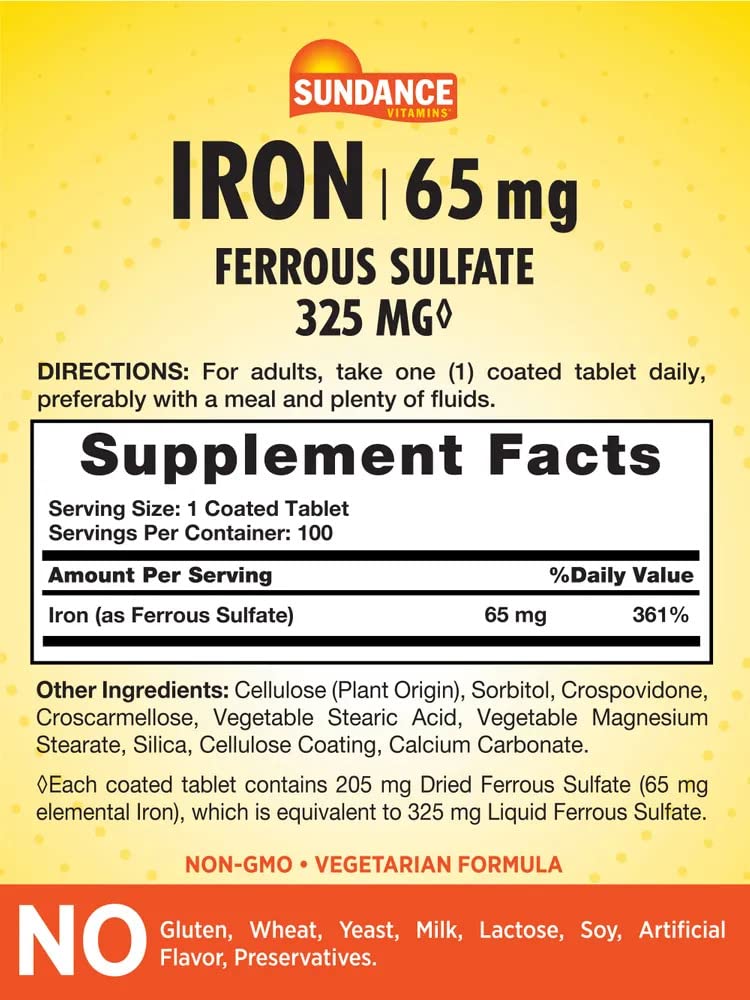 Sundance Iron Supplement Ferrous Sulfate 325mg Tablets, 100 Count