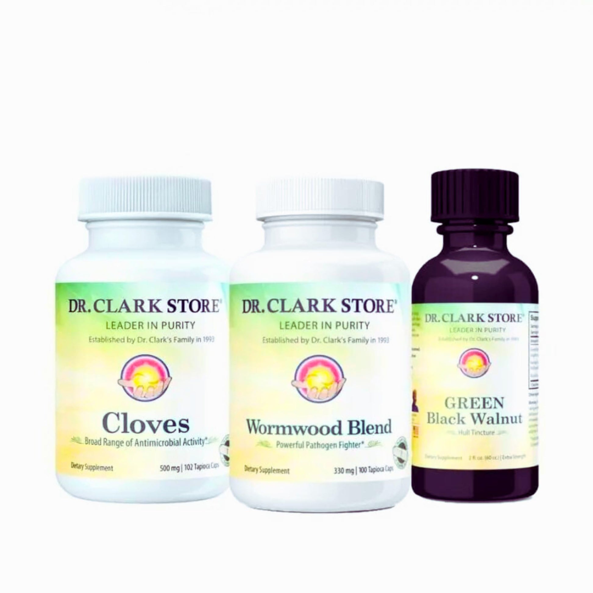 Dr Clark Store Intestine Support & Cleanse Kit - with Original Green Tincture from Black Walnut Hulls, Wormwood, and Cloves - 202 Capsules