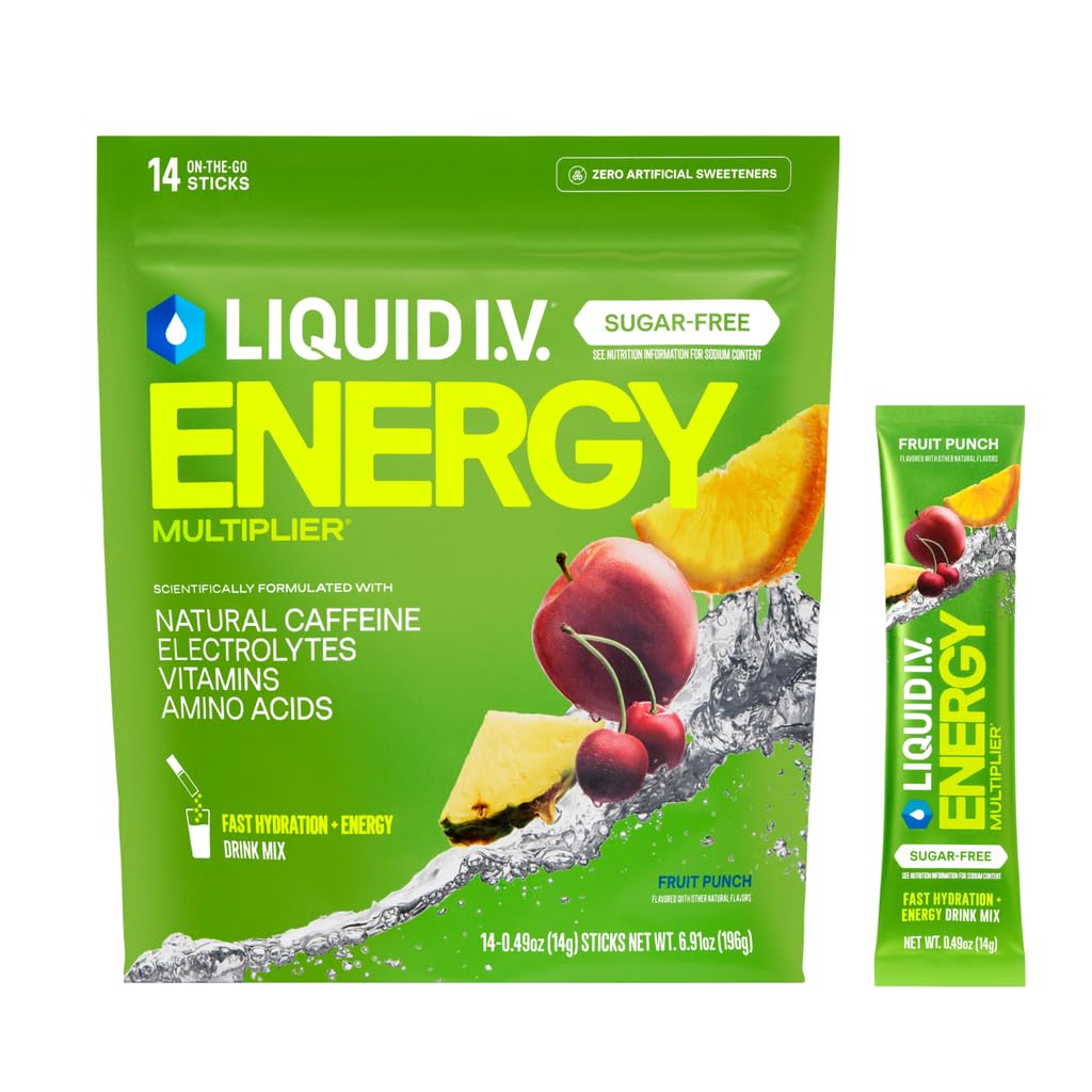 Liquid I.V. Sugar Free + Energy Electrolytes Powder, Fruit Punch, 14 Count