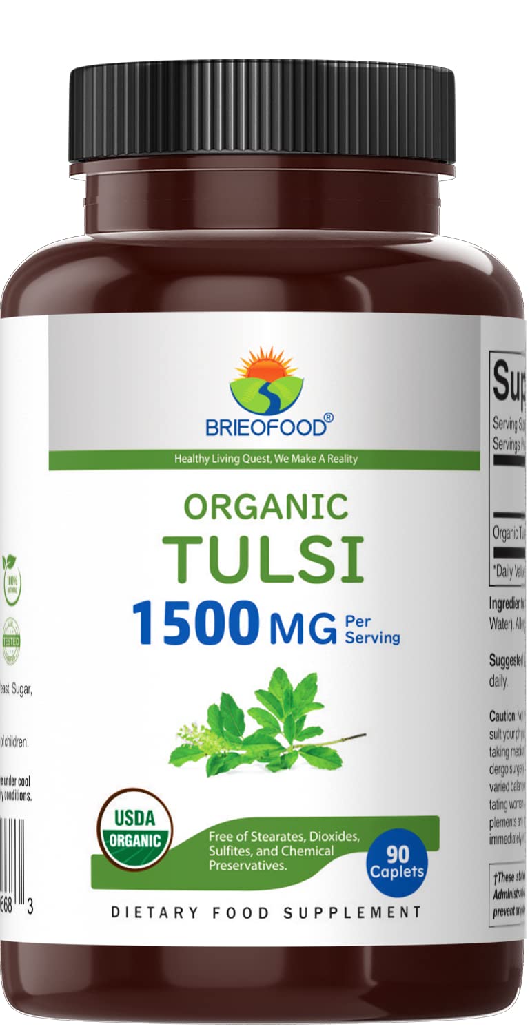Brieofood Organic Tulsi (Holy Basil) 1500mg Tablets, 90 Count