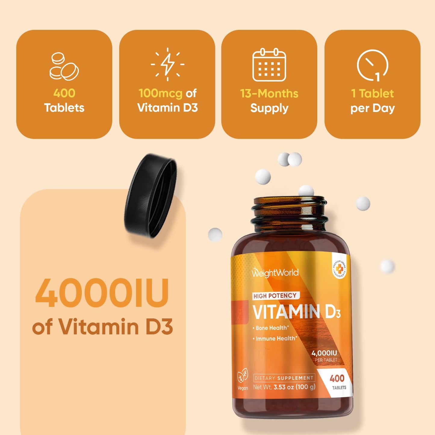 WeightWorld Vitamin D3 4000 IU (100 mcg) Tablet, 400 Tablets