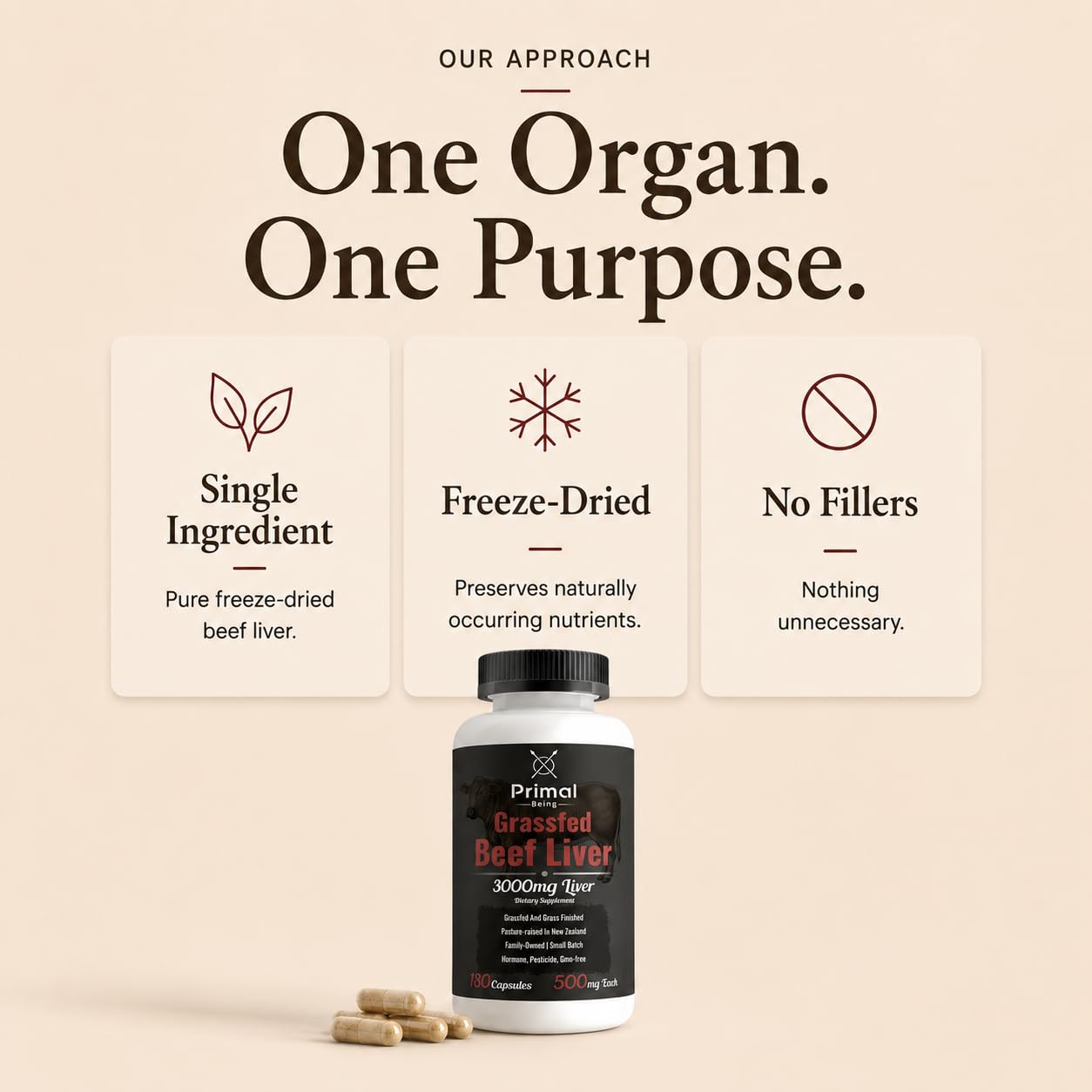 Primal Being Grassfed Beef Liver 3000mg Freeze Dried Capsules, 180 Count