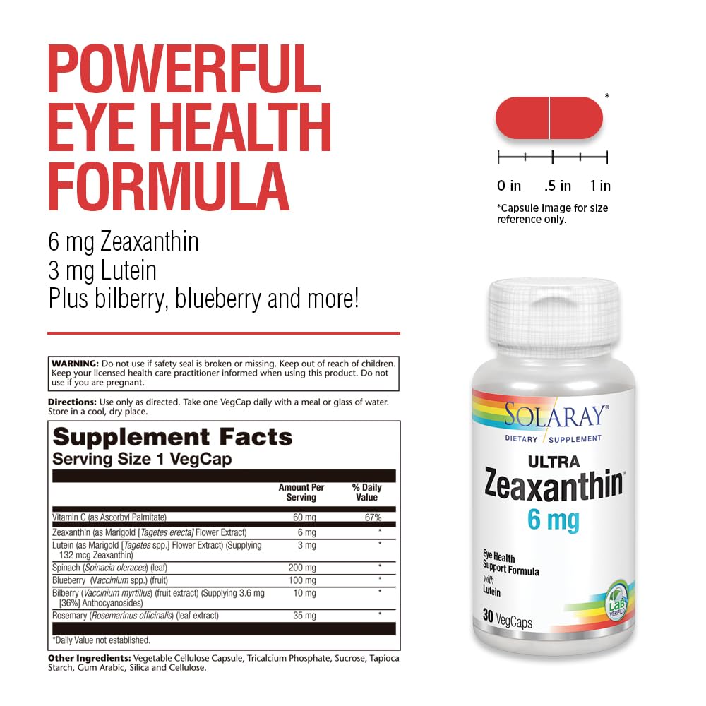 Solaray Zeaxanthin for Men & Women - Lutein and Zeaxanthin Supplement for Eyes, Vision & Macular Health Support Formula, Eye Vitamin Complex with Bilberry, Vitamin C, & Blueberry, 30 Veg Caps
