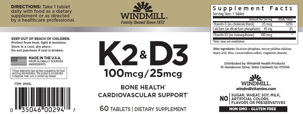 Windmill Vitamin K (K-2 Menaquinone-7, 100mcg) 60 Tablets