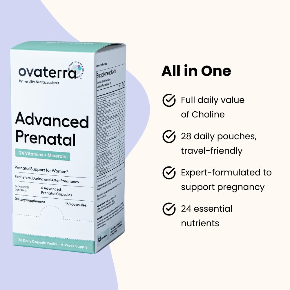 Ovaterra Advanced Prenatal Vitamins for Women with 550mg Choline, Methylfolate, Chelated Iron & 24 Nutrients Capsules, 28 Count