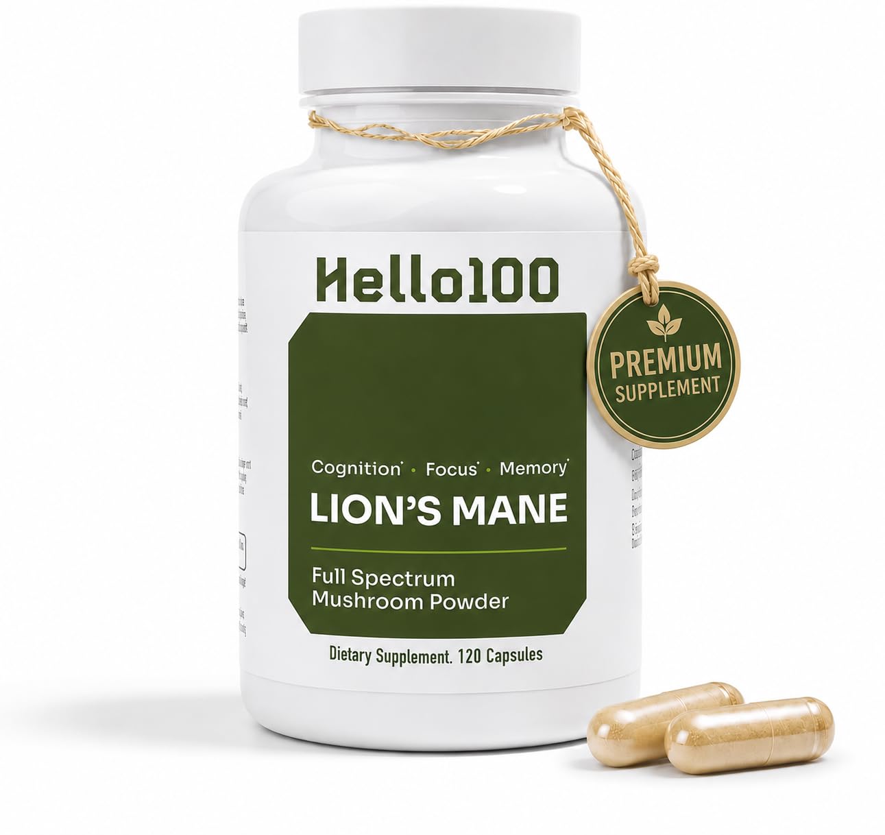HELLO100 Organic Lion's Mane Mushroom Supplement 60 Capsules