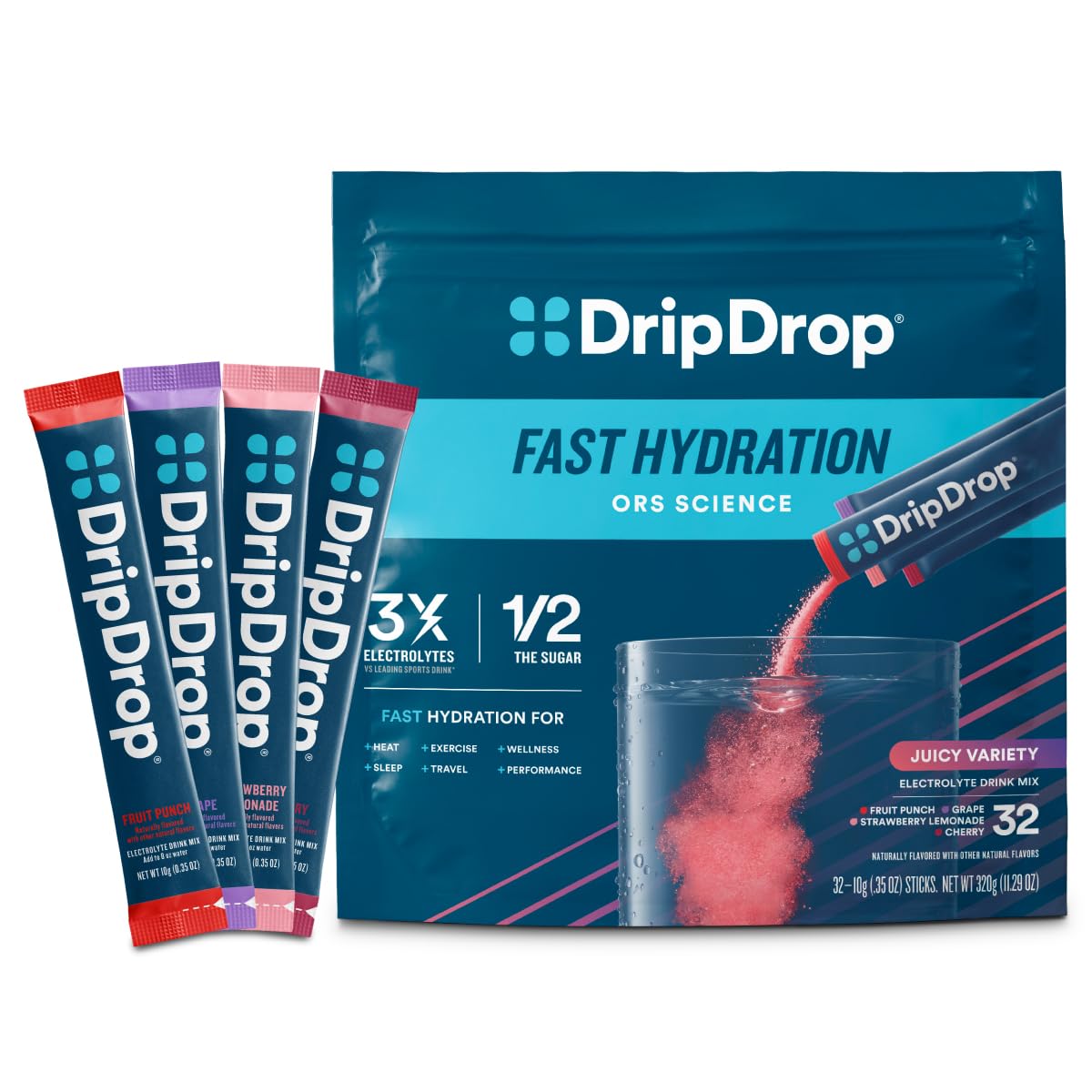 DripDrop Hydration Juicy Variety Pack Powder, 32 Count