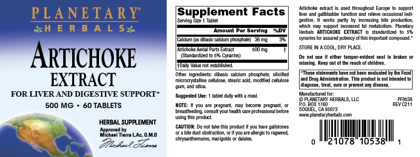 Planetary Herbals Artichoke Extract 500 mg Tablets 60 Count