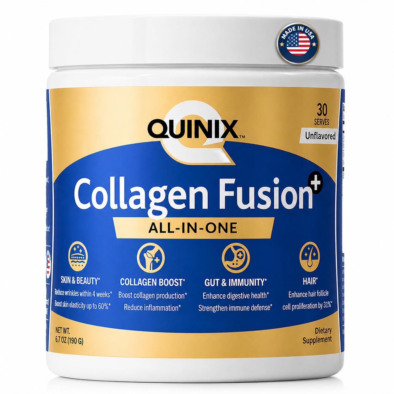QUINIX Advanced Collagen Powder 6.7 oz Unflavored, 7-in-1 with VERISOL Bioactive Peptides for Skin, Hair & Nails + Gut & Immune Support ImmunoLin & Probiotics