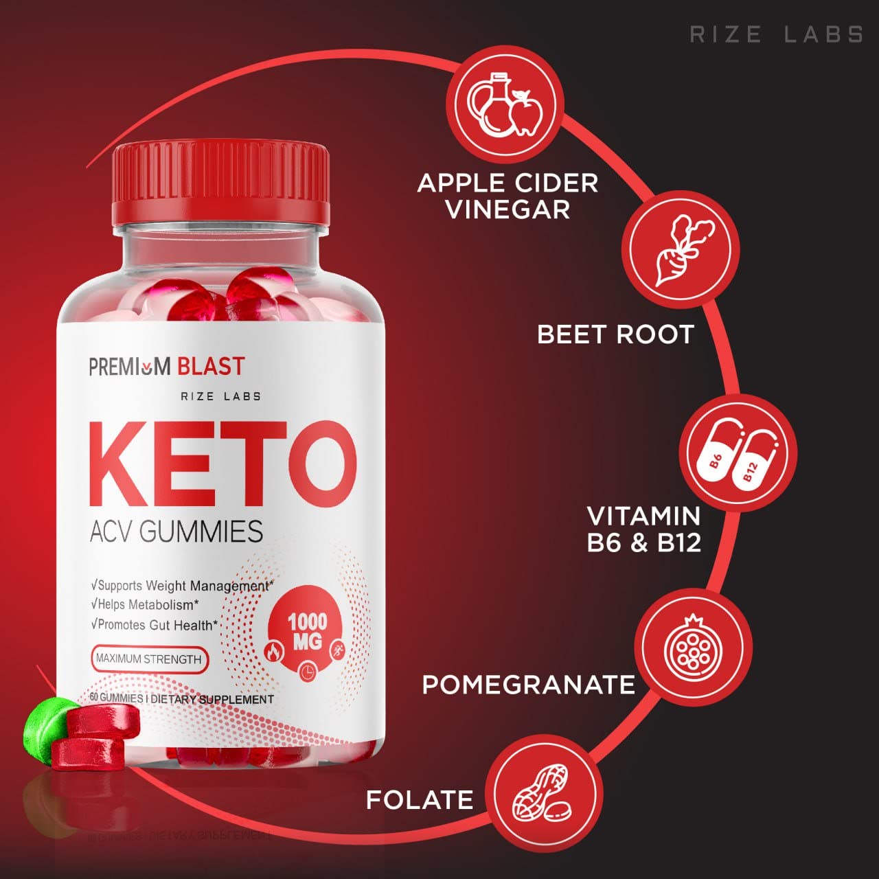 Rize Labs Premium Blast Keto ACV Gummies, 60 Count