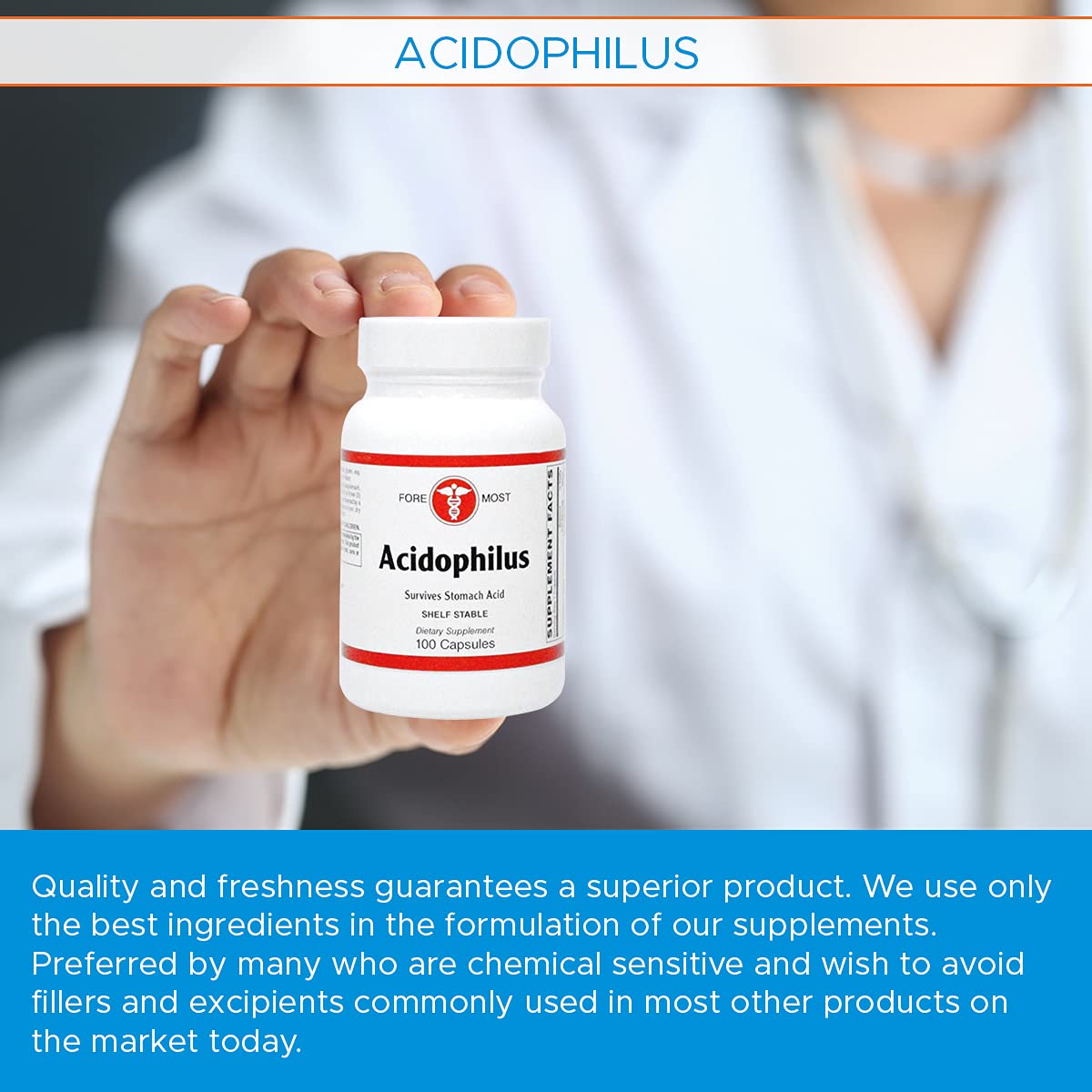 Holistic Health Acidophilus Probiotic Capsules, Probiotic Lactobacillus Blend Supplement for Promoting Intestinal Health, Stronger Immunity, and Enhanced Digestion, 100 Capsules