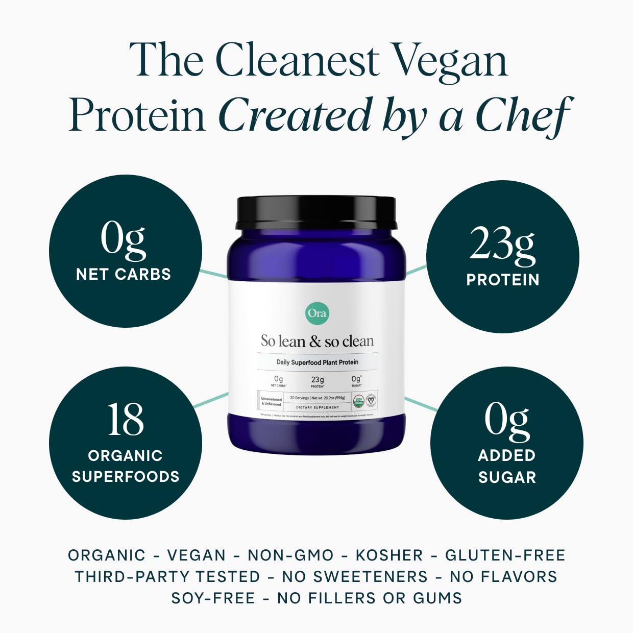 Ora Organic Vegan Protein Powder Plant Based Pea Protein Unsweetened & Unflavored, 1.31 lb