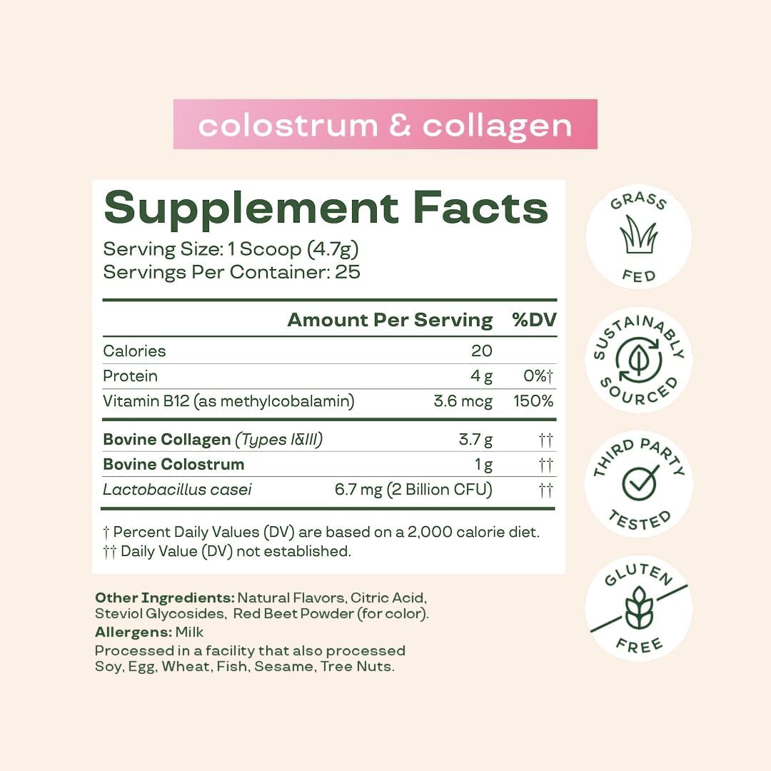 Bloom Nutrition Bovine Colostrum Powder with Vitamin B-12, 25 Servings