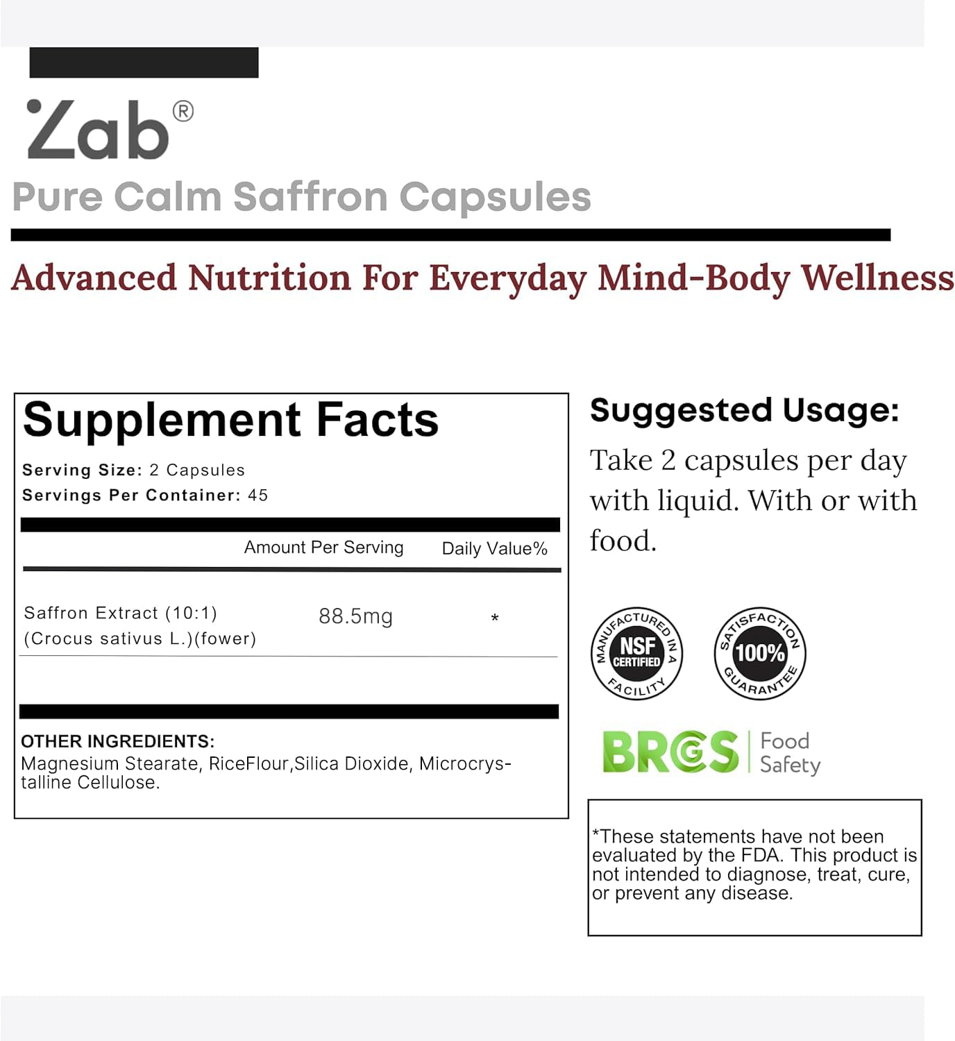 ZAB Saffron Supplements 88.5mg Pure Saffron Extract Capsules, Daily Mood, Energy & Eye Health Support, 90 Capsules