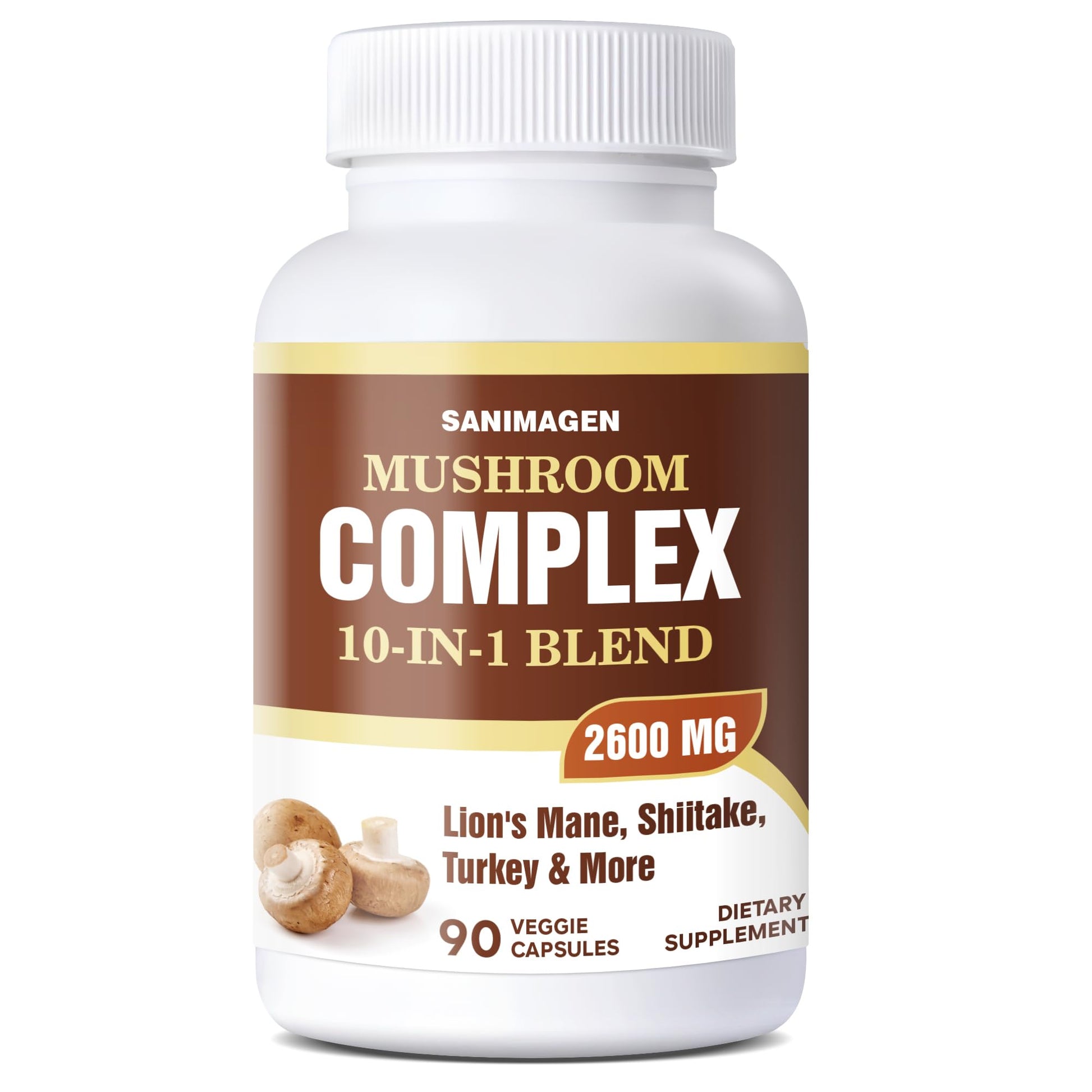 Generic SANIMAGEN Mushroom Supplement 2600mg, 10-in-1 Mushrooms Blend with Lions Mane, Cordyceps, Turkey Tail, Shiitake, 90 Capsules
