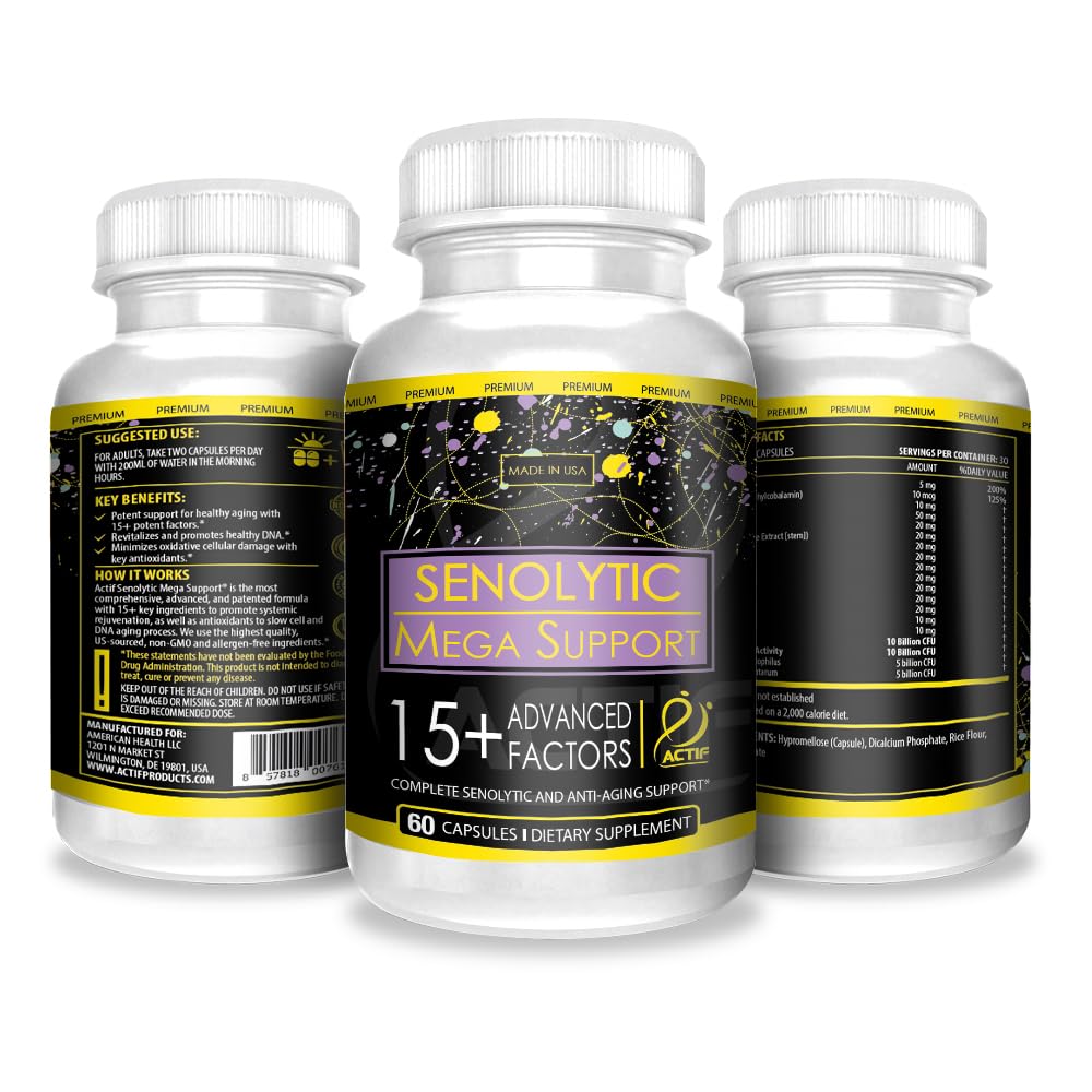ACTIF Senolytic Support with 15+ Advanced Factors – Non-GMO, Fast-Acting, Made in USA, 60 Count Capsules