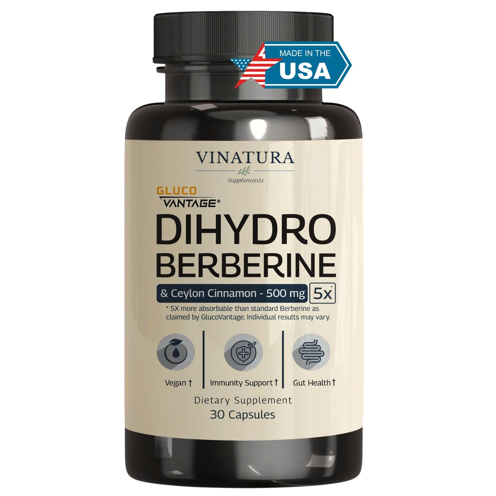 VINATURA Dihydroberberine 500mg with Ceylon Cinnamon Capsule, 30 Count