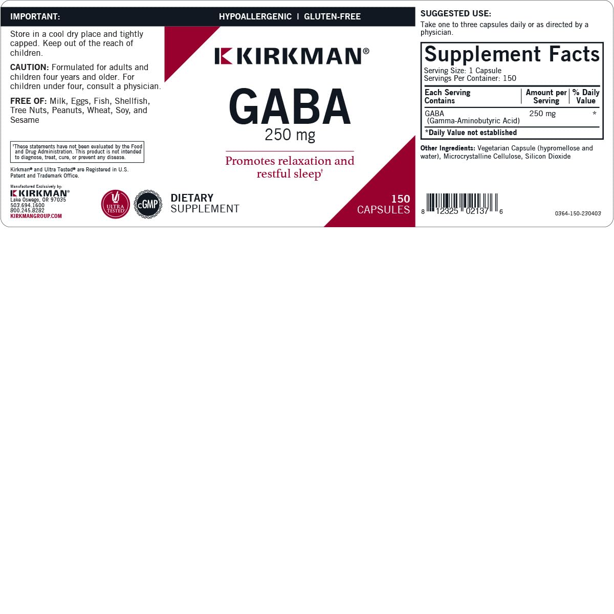 Kirkman GABA 250 mg, 150 Capsules