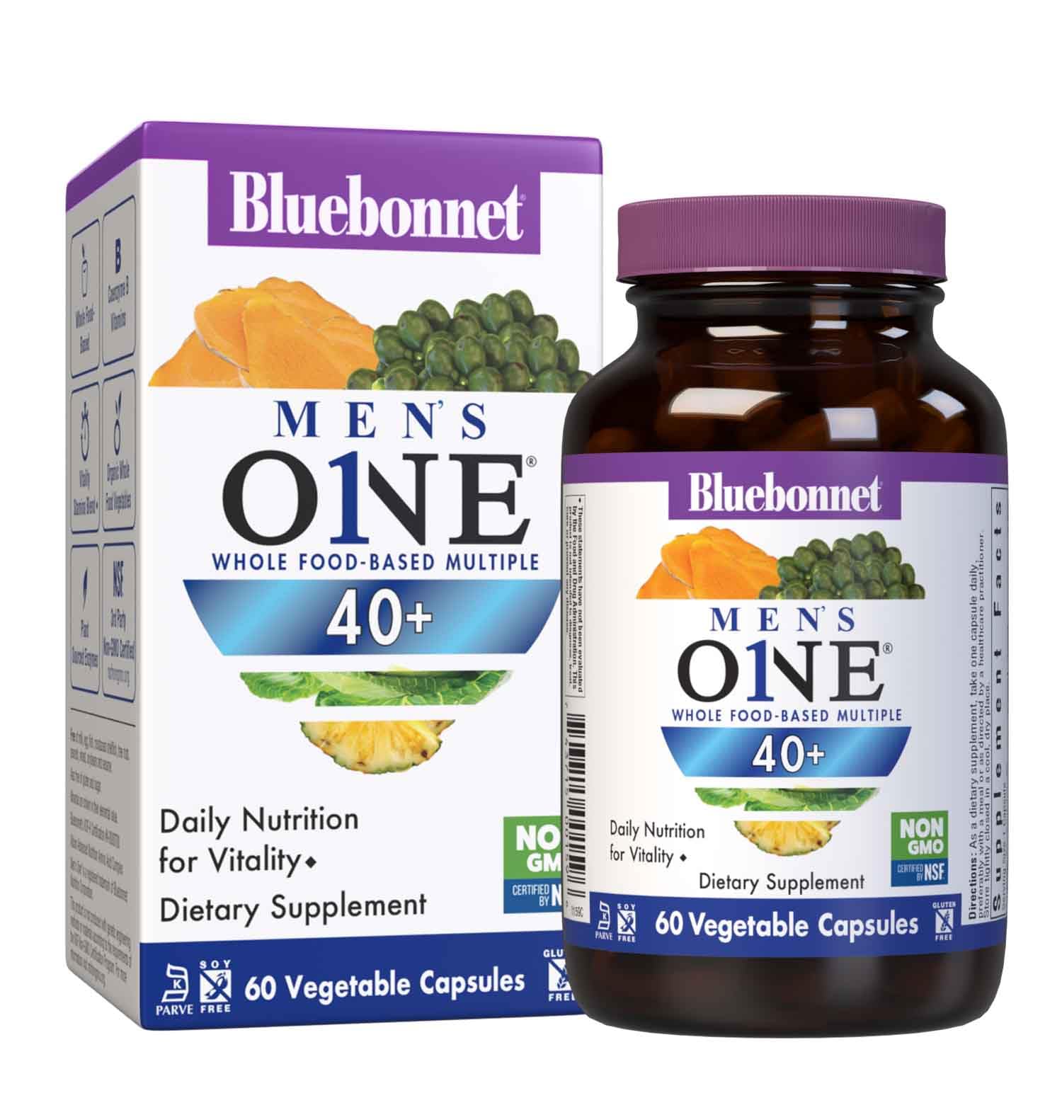 BlueBonnet Men's One 40+ Whole Food-Based Multivitamin Capsules, 60 Count