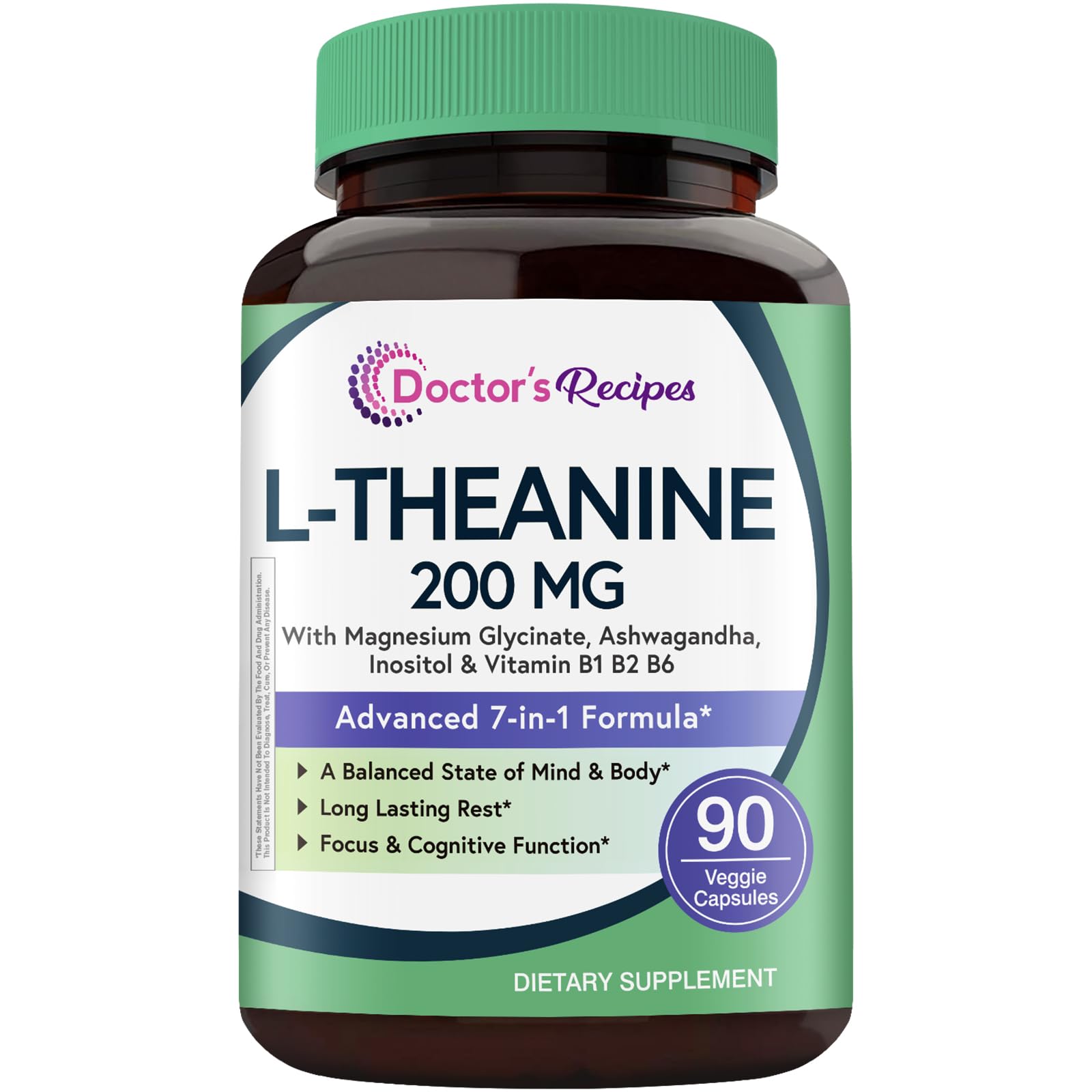 Doctor's Recipes L-Theanine 200 mg, Magnesium Glycinate, Ashwagandha, Inositol, Vitamin B6 B1 B2 Calm Relaxation Mood Cortisol Manager Nerve Focus Sleep Aid, Vegan Capsules, 90 Count