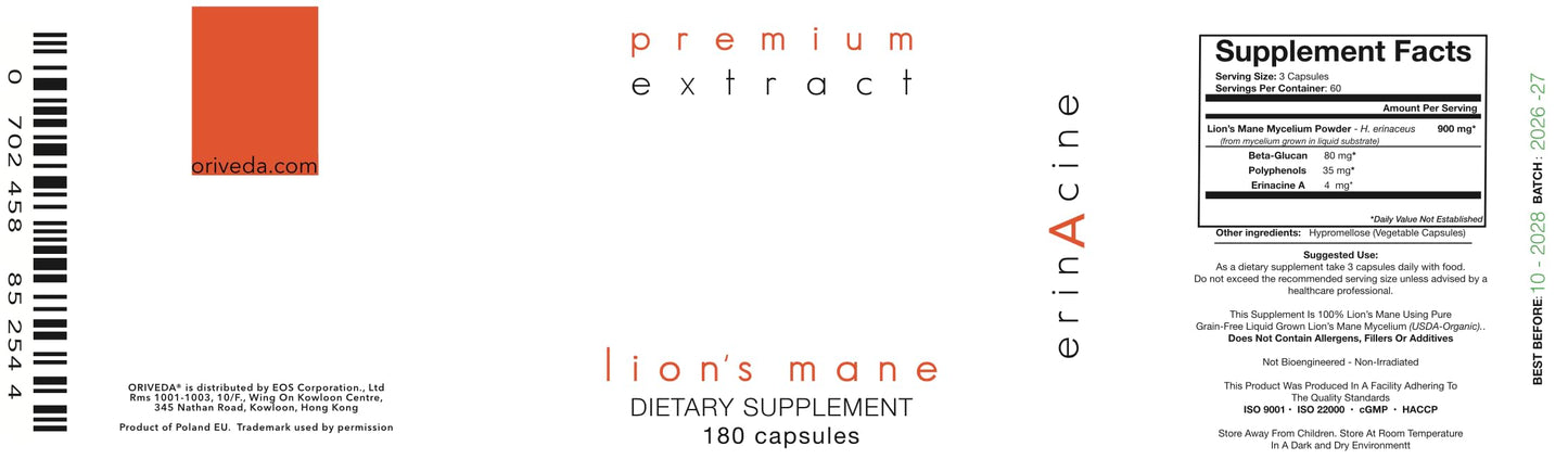 ORIVeDA Lion’s Mane Organic Mushroom Extract Capsules 120 Count