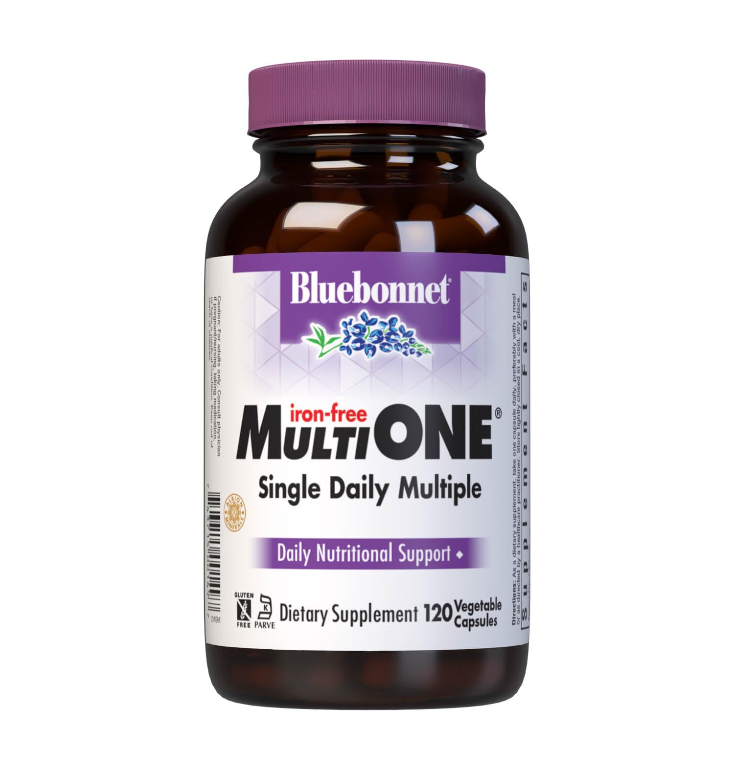 BlueBonnet Multi One (Iron Free) Vegetable Capsules, Complete Full Spectrum Multiple, B Vitamins, General Health, Gluten Free, Milk Free, Kosher, 120 Capsules