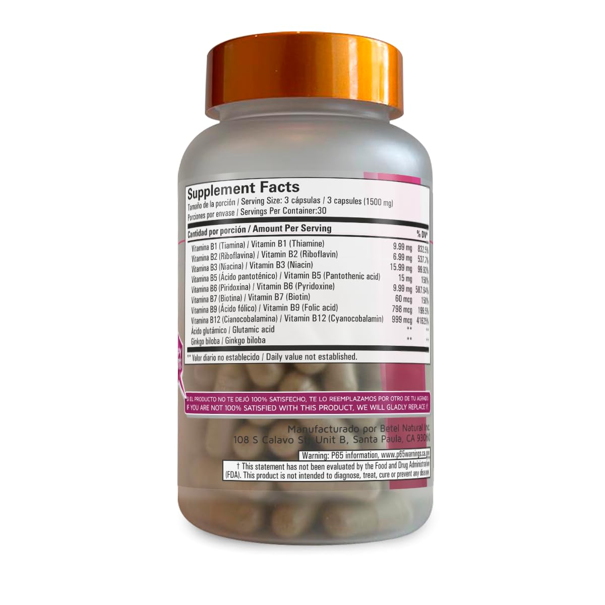 Betel Natural B Complex + with Ginkgo Biloba Capsules, Full B Vitamin Spectrum, 90 Capsules