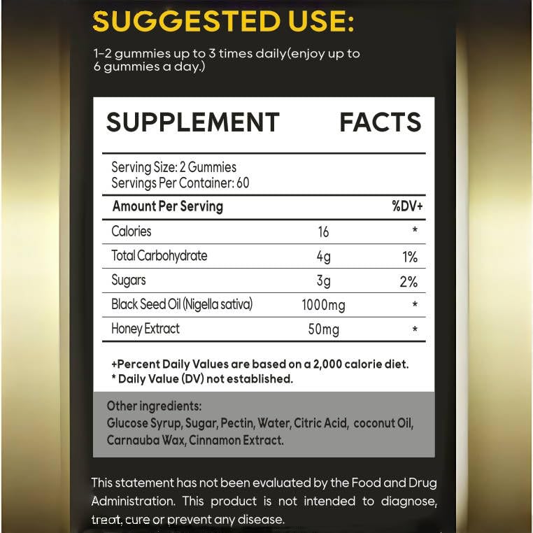 Eilin YHT Sativa Black Seed Oil Gummies 1000MG Immune System Joints Digestion Hair Skin Support Supplement, 60 Gummies