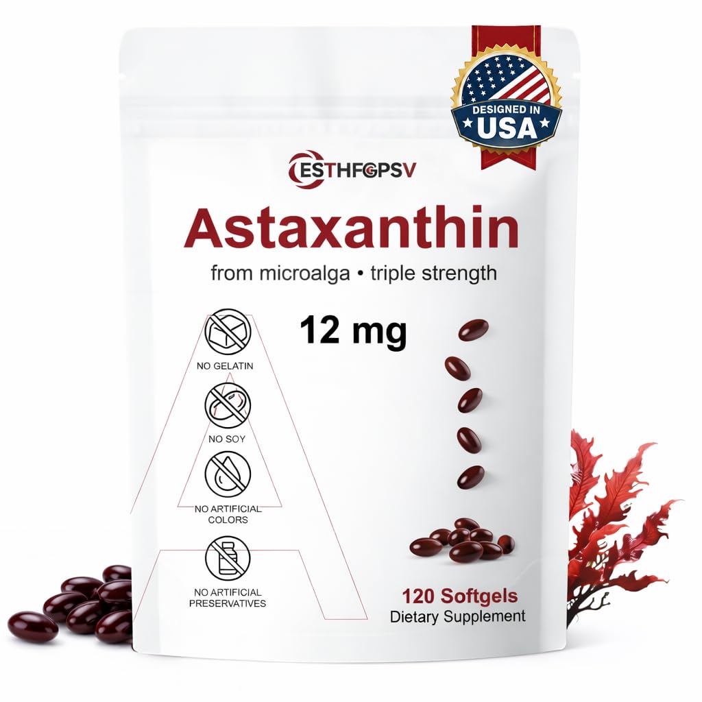 ESTHFGPSV Astaxanthin 12mg Antioxidant Supplement with Vitamin E Softgel 120 Count