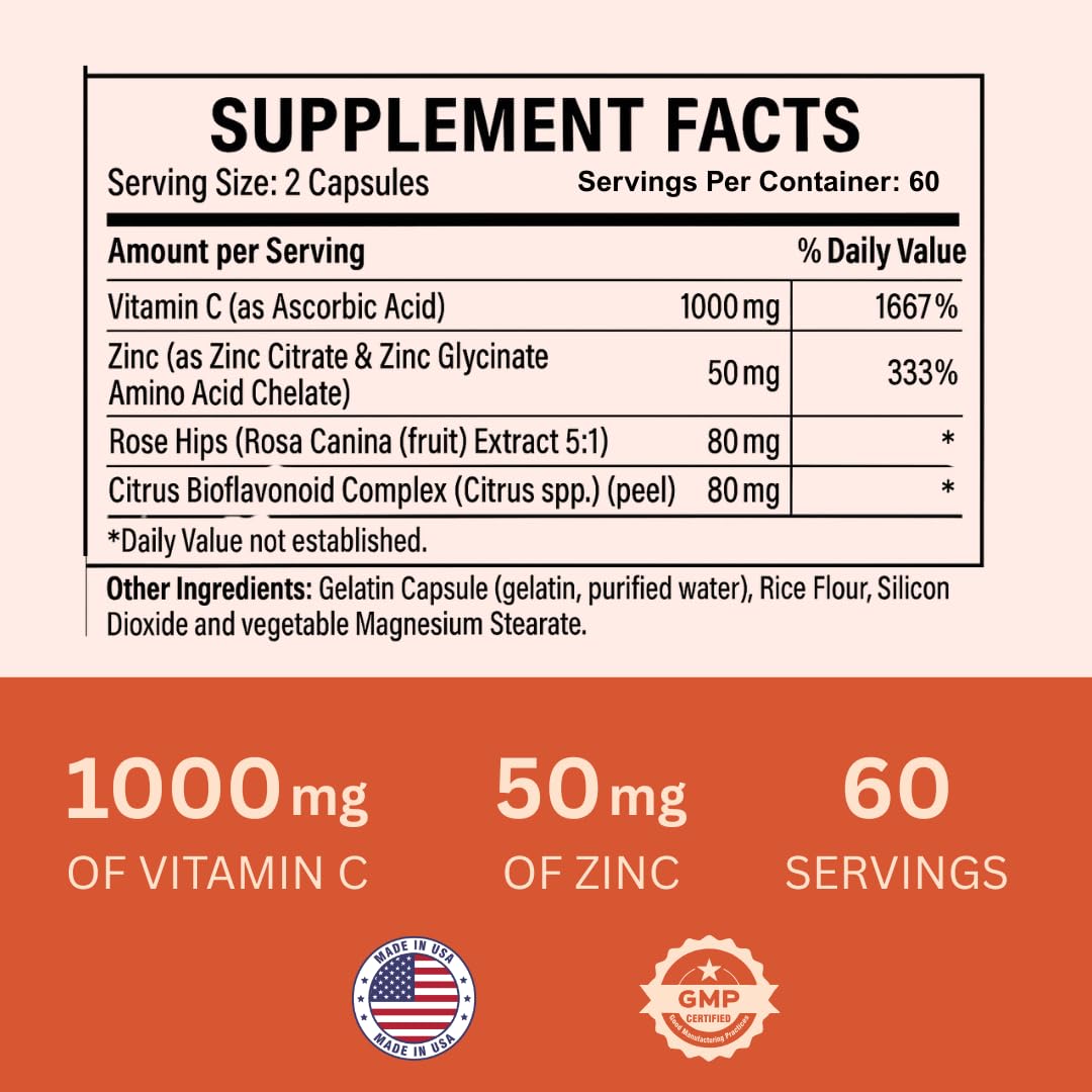 Nature4U Vitamin C 1000mg with Zinc, Rose Hips and Citrus Bioflavonoids Capsules, 120