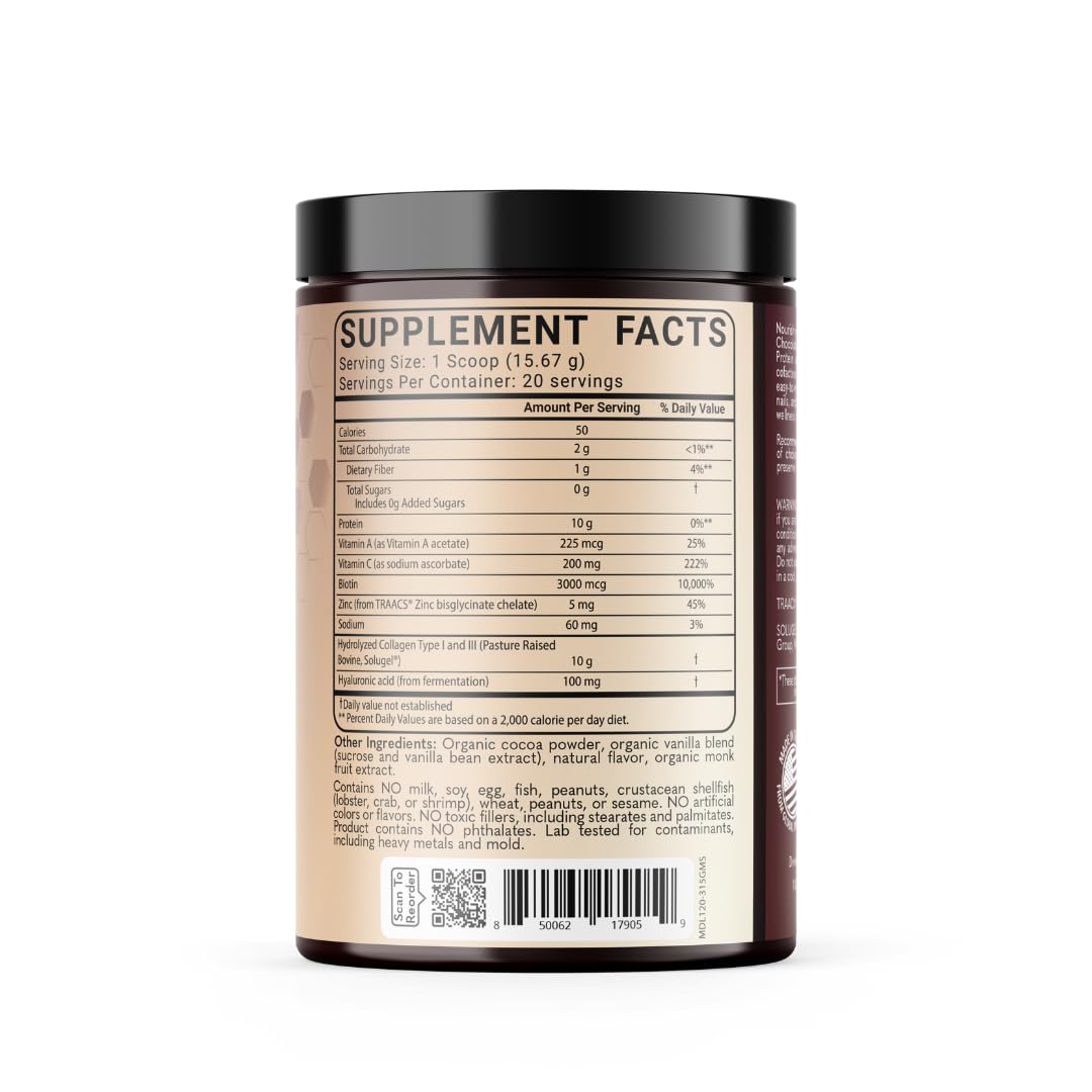 MD Logic Health Chocolate Collagen with Vitamin A, C, Zinc, Biotin & Hyaluronic Acid for Healthy Skin, Hair, Nails, Joints Powder 11.11 oz