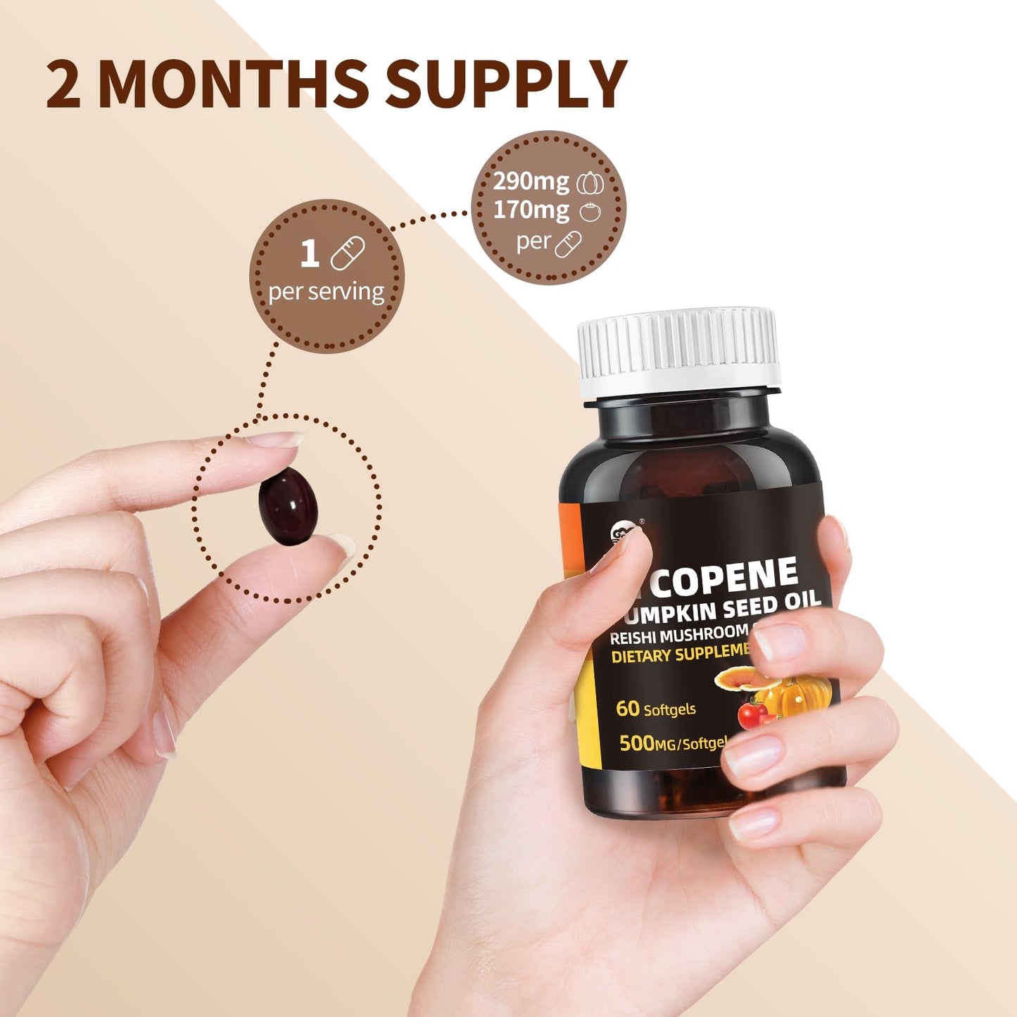 GANOHERB Pumpkin Seed Oil Lycopene Supplement, Cold Pressed Pumpkin Seed 3 in 1 Hair Growth Supplement with Reishi Mushroom Spore Oil for Urinary and Prostate Health, 60 Capsules