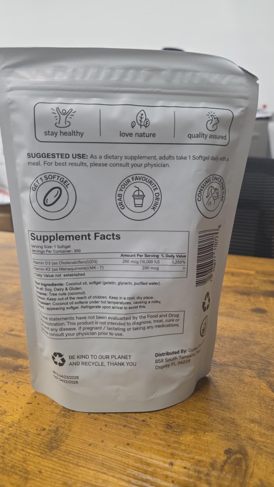 Cures For Life Vitamin D3 5000 IU with K2 MK-7 100 mcg Softgels, 300 Softgels