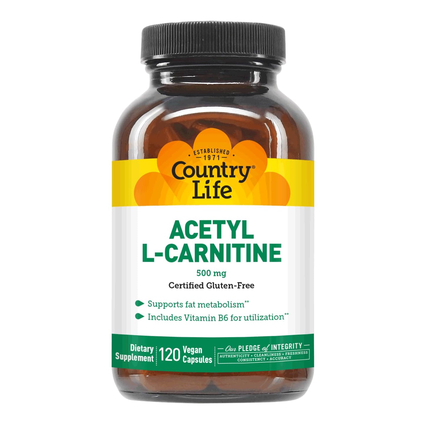 Country Life Acetyl L-Carnitine 500 mg with B-6 Capsules, 120 Count