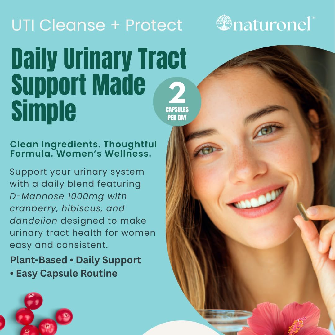 Naturonel UTI Cleanse + Protect Urinary Tract Support with D-Mannose, Cranberry, Hibiscus & Dandelion Capsules, 60 Count
