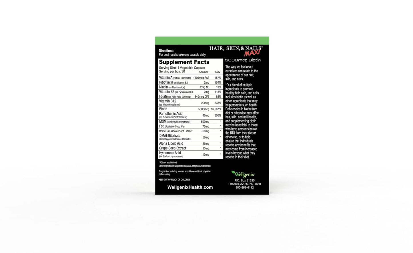 Wellgenix Purvana MAX Hair Skin and Nails Supplement 5000mcg Biotin with MSM & B-Complex 60 Veggie Capsules