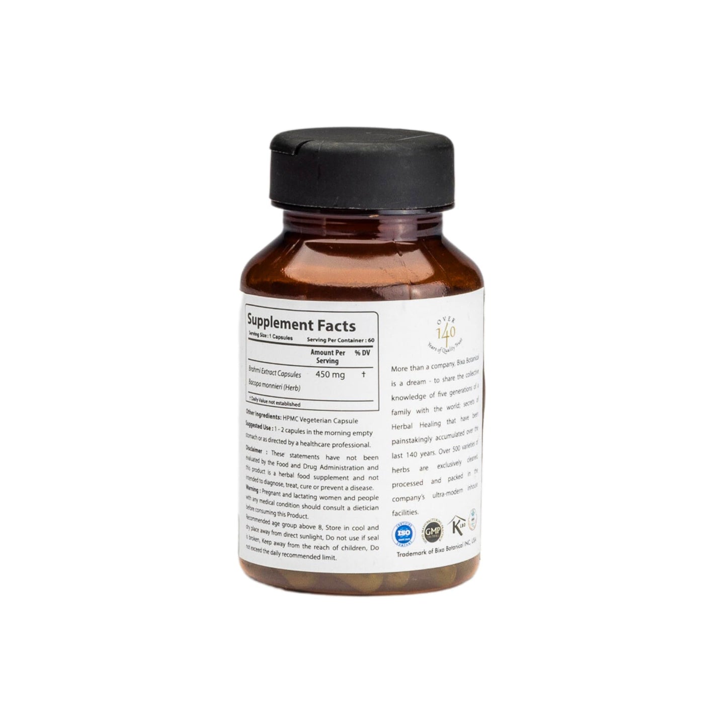 bixa BOTANICAL Bacopa (Brahmi/Bacopa Monnieri/Brahmi Leaves) Ayurvedic Herbal Supplement 60 Capsules