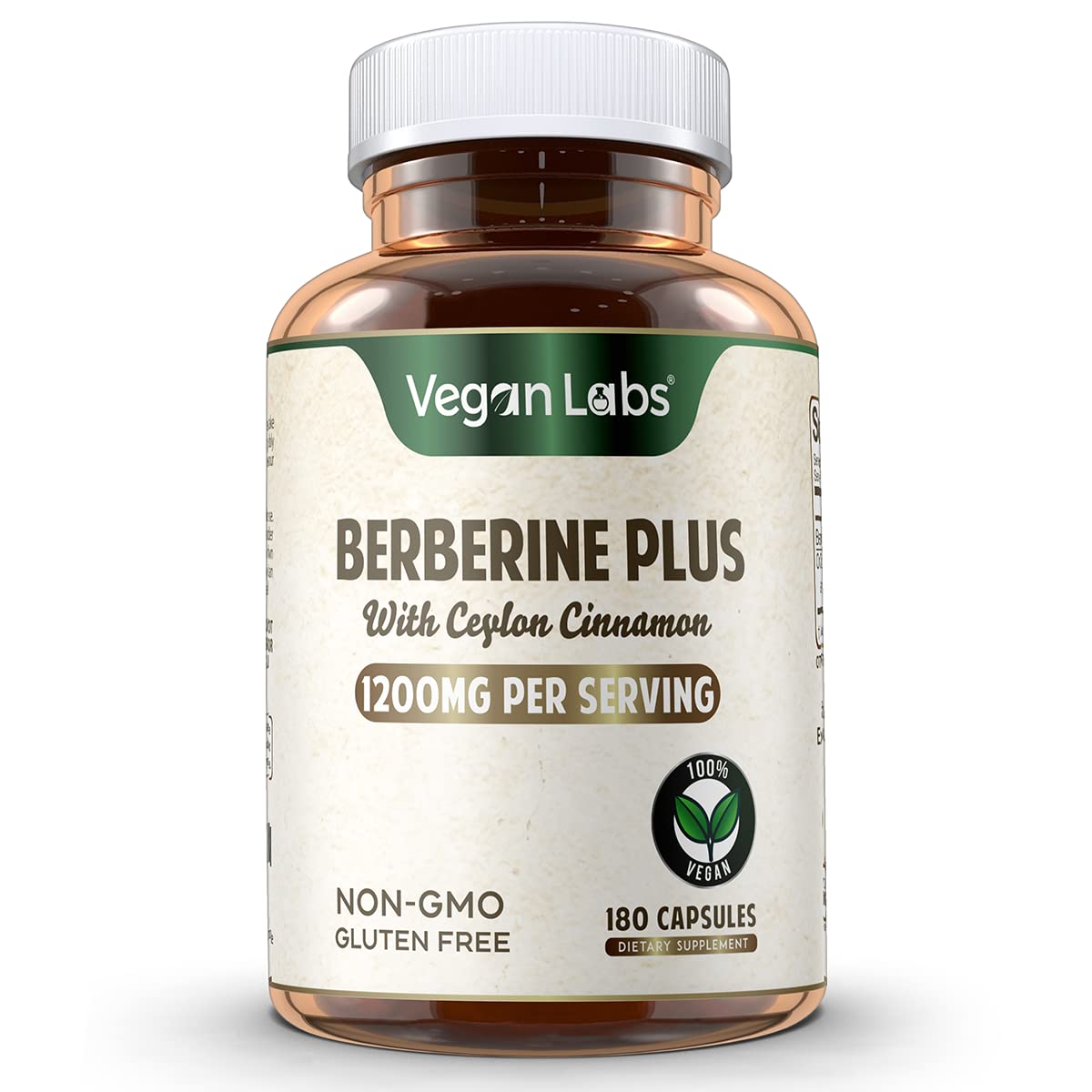 Vegan Labs Berberine HCL 1200MG with Organic Ceylon Cinnamon, 180 Capsules