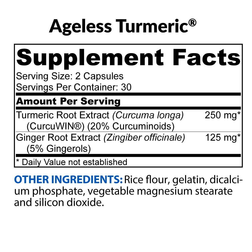BioTrust Ageless Turmeric Supplement - CurcuWIN Turmeric Curcumin with Ginger Extract, 46x More Bioavailable, Antioxidant Support, 120 Capsules
