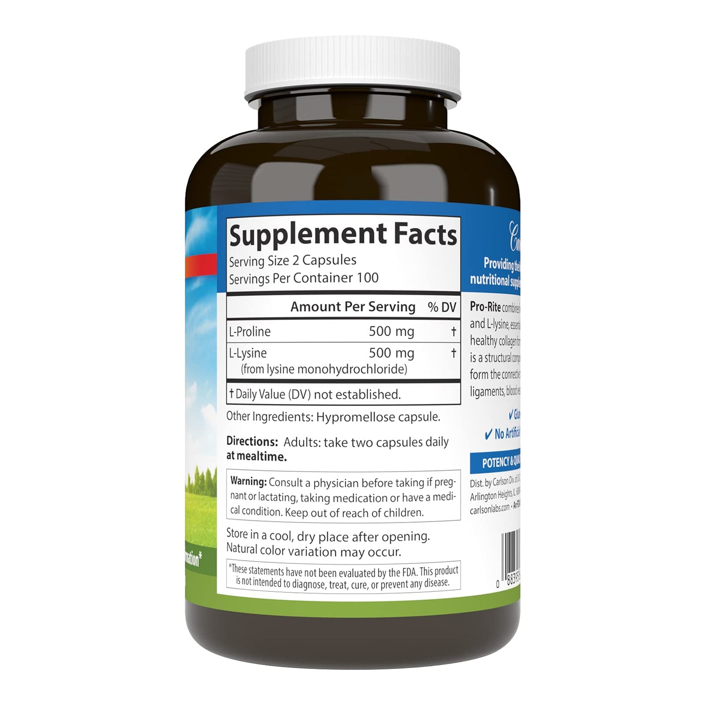 Carlson Pro-Rite Free-Form L-Proline & L-Lysine Capsules, 200 Capsules