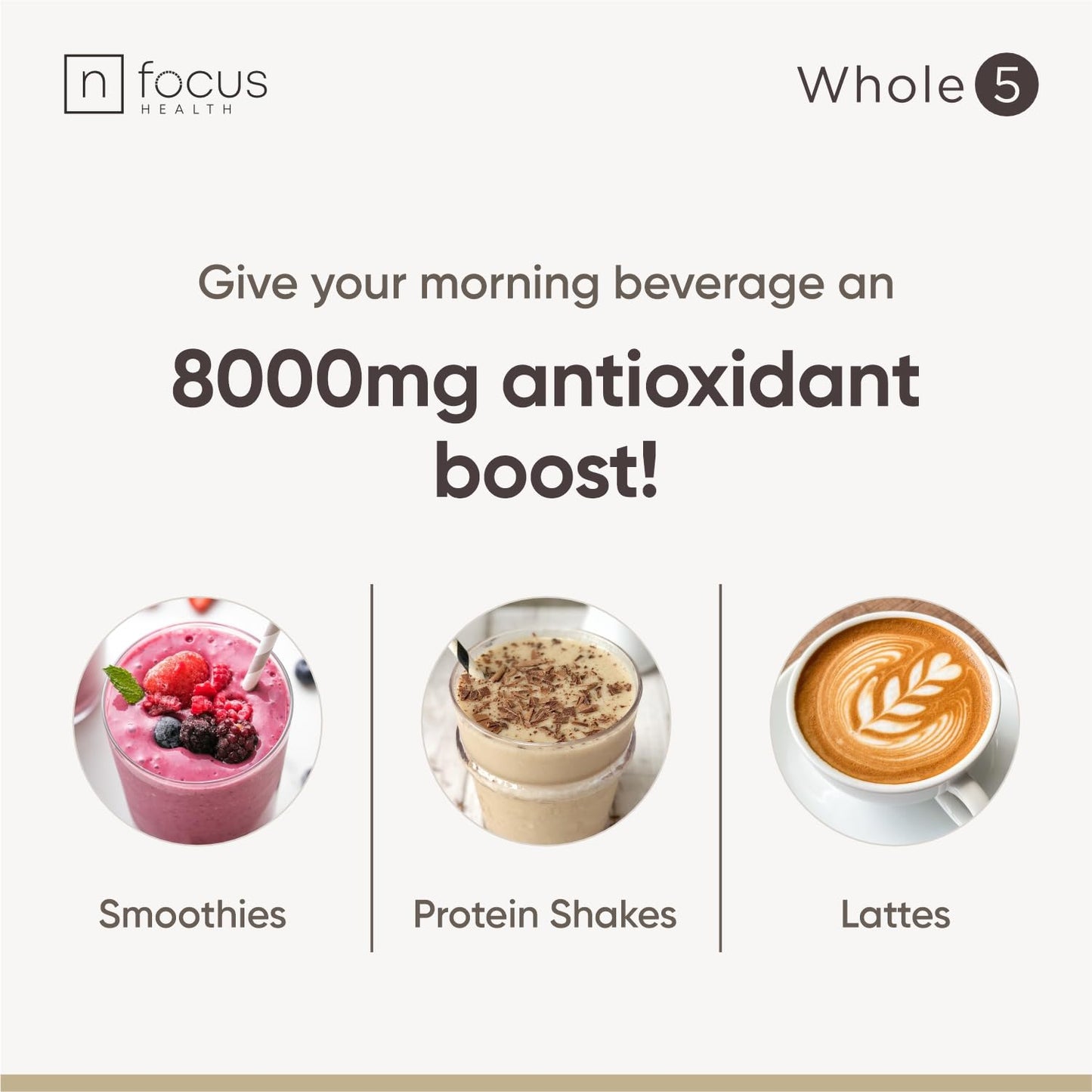 NFOCUS HEALTH Whole5 Antioxidant Superfood Powder Longevity Mix with Acai, Acerola Cherry, Coffee Fruit, Ceylon Cinnamon & Cacao - 8 oz