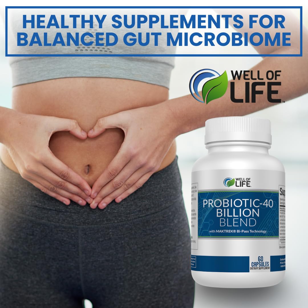 Well of Life Probiotic 40 Billion CFU Probiotics for Gut Health & Digestive Support Metabolism Supplement with Digestive Enzyme Blend Vegan Non-GMO Capsule, 60 Count