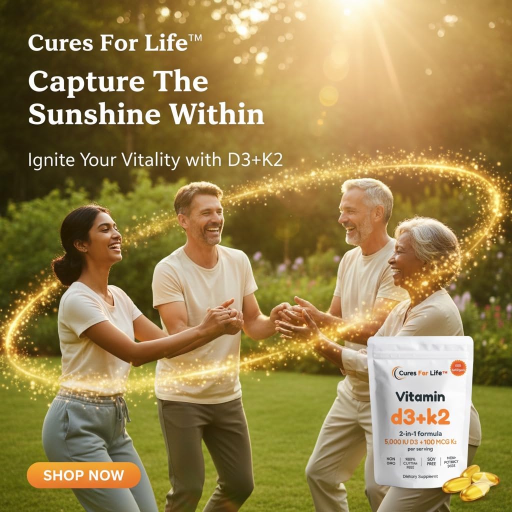 Cures For Life Vitamin D3 5000 IU with K2 MK-7 100 mcg Softgels, 300 Count