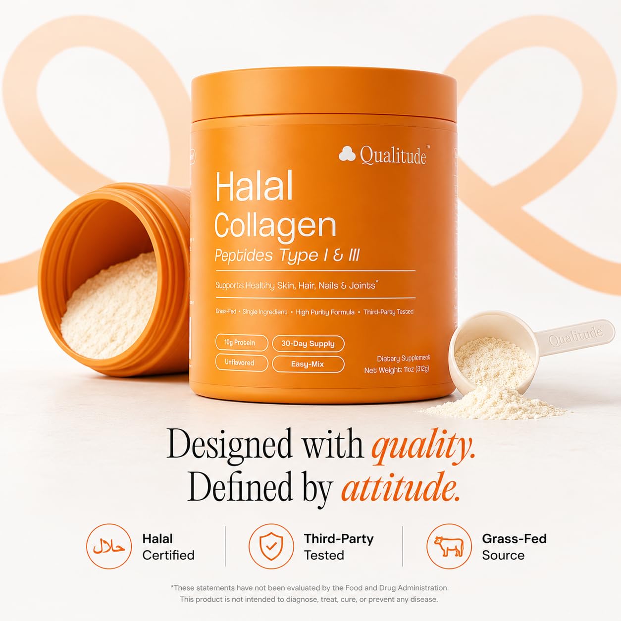 QUALITUDE Collagen Peptides Powder Halal Grass-Fed Bovine Unflavored, 11 oz
