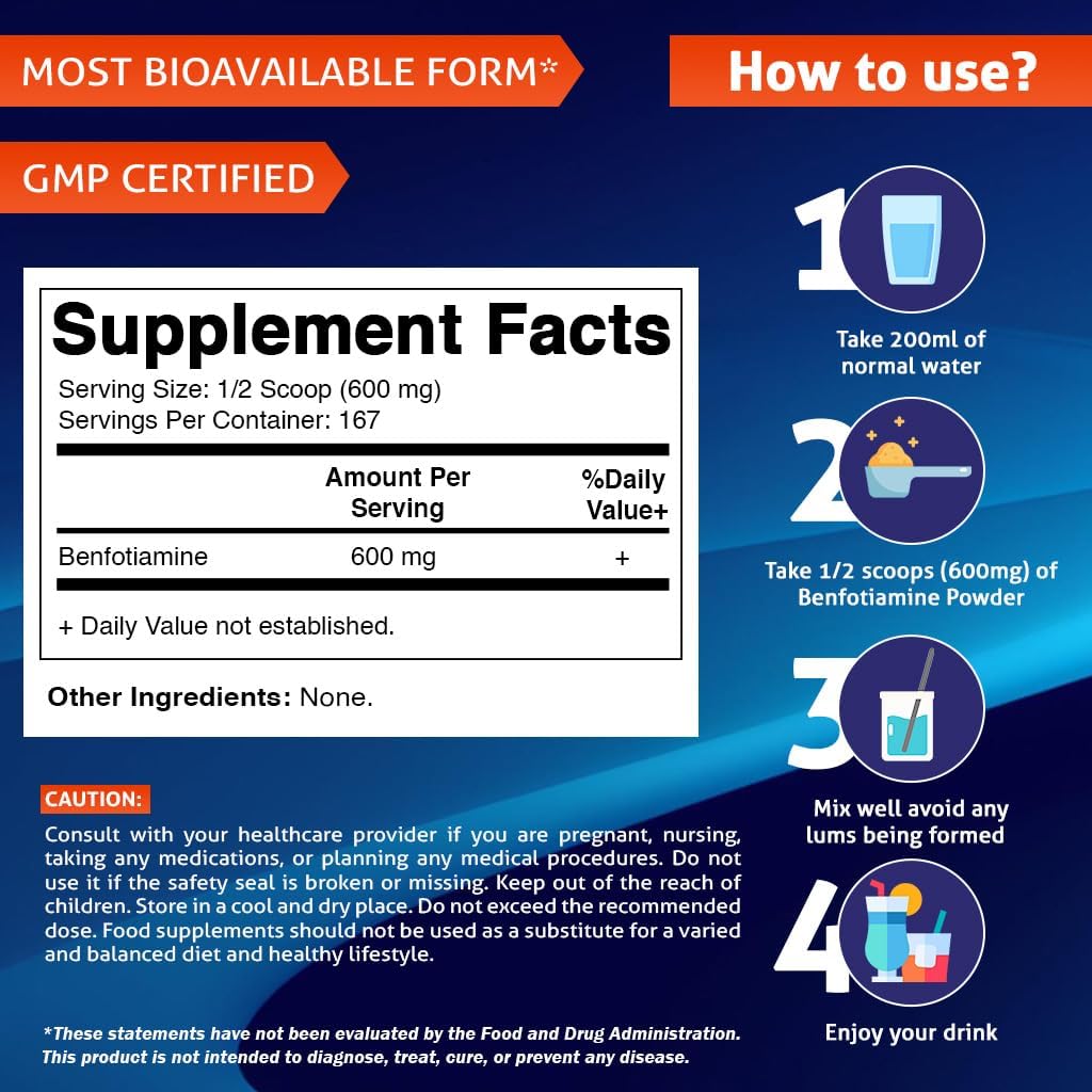 Vitamatic Benfotiamine Pure Powder 600 mg per Serving, 1 Count