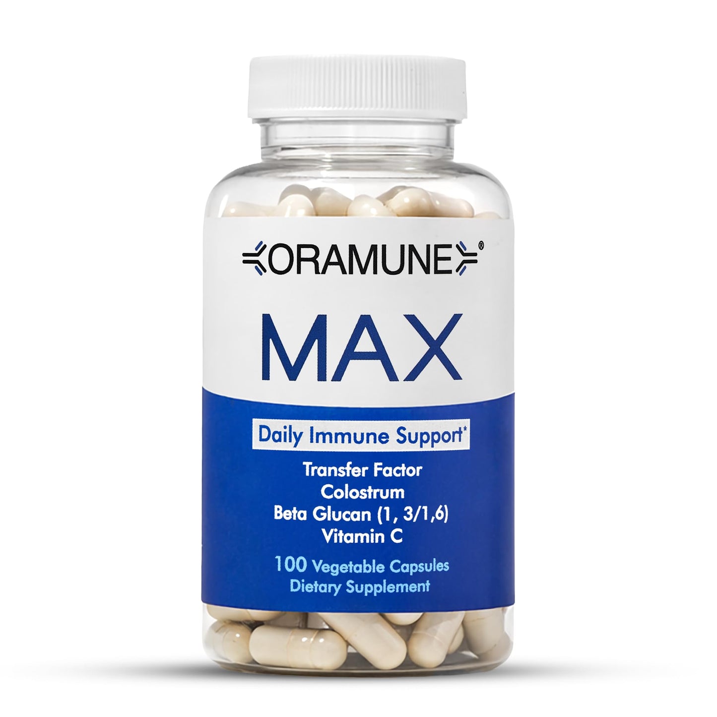 Oramune Max Support Supplement with Transfer Factor, Pure Bovine Colostrum, Beta-1, 3/1, 6-D Glucan & Vitamin C Capsules, 100 Count
