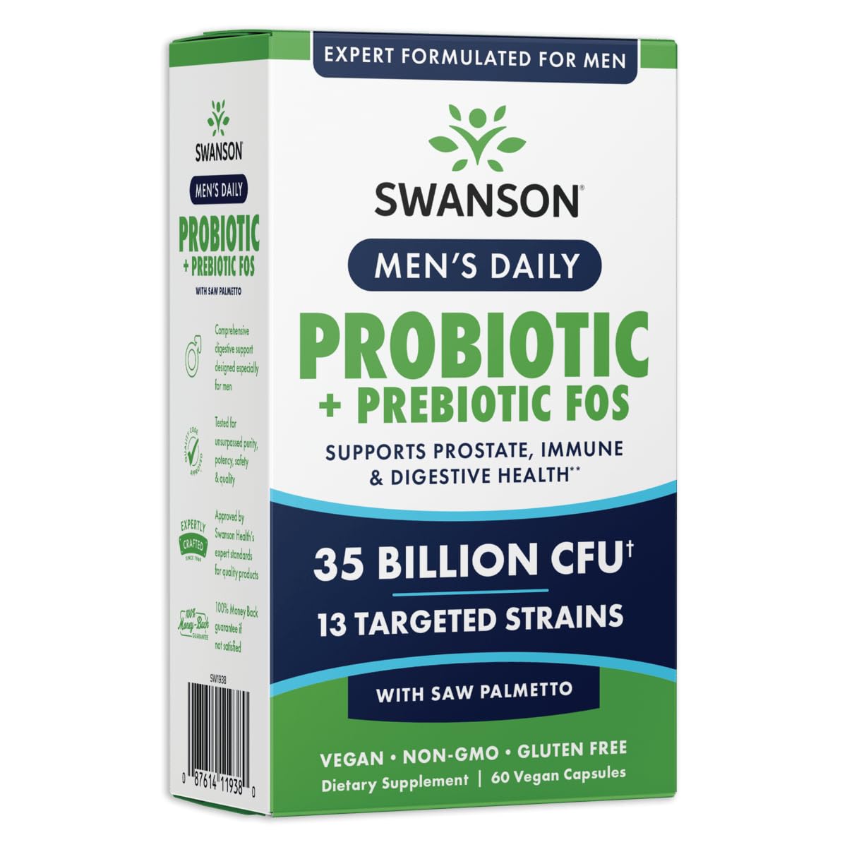 Swanson Men's Daily Probiotic with Prebiotic FOS Veg Capsules, 60 Count